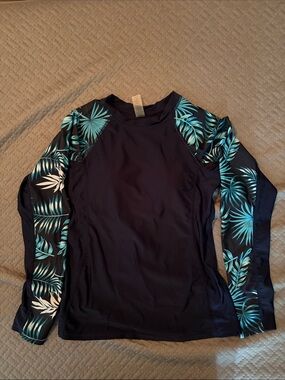 Long Sleeve Tropical Print Rash Guard - Navy and Teal